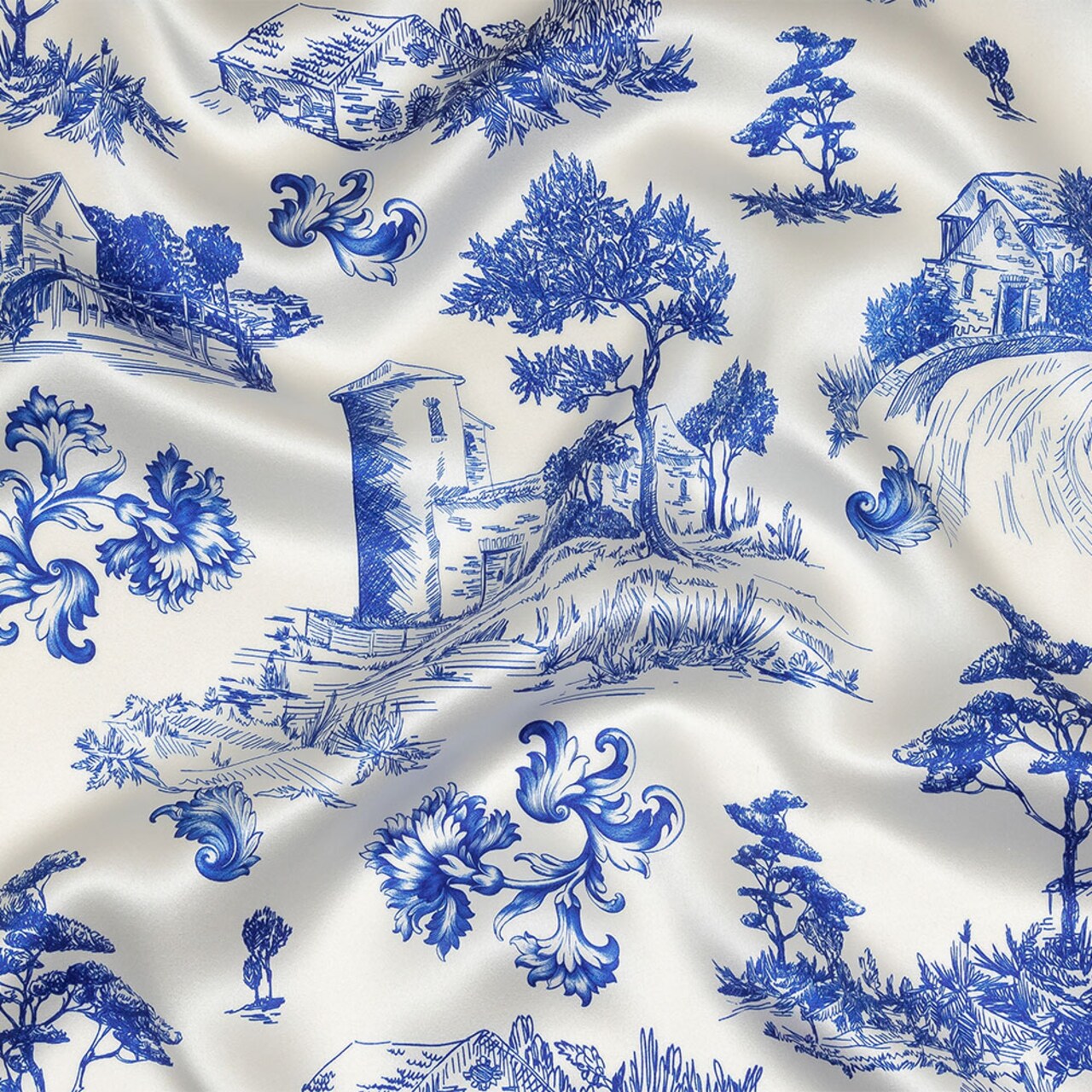 1 Yard Blue and White Toile Print Silk Charmeuse Fabric Lightweight 53 inch Width
